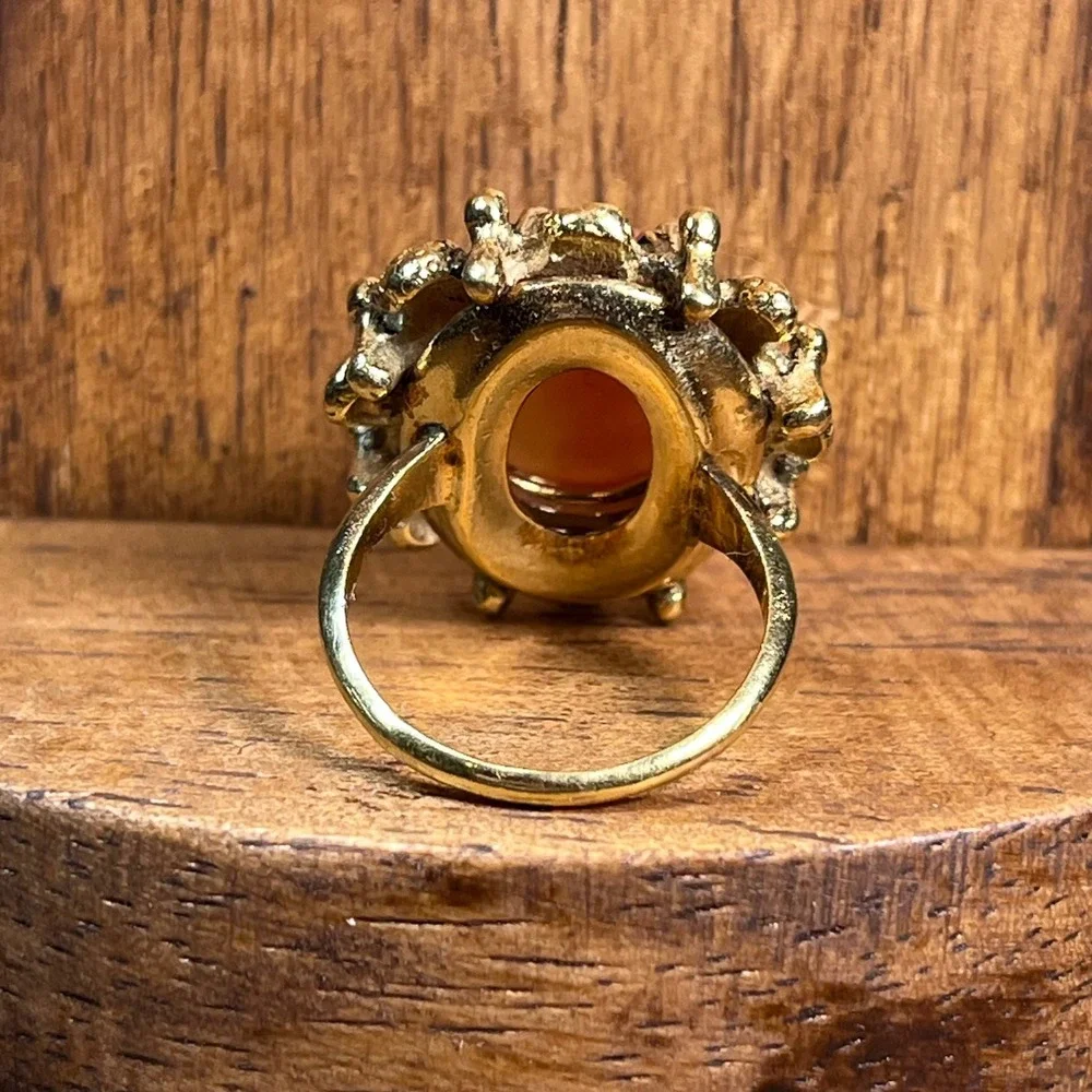 Vtg 18K HGE Gold Tone Coral Pink Cameo Statement Ring Victorian Style 5.75